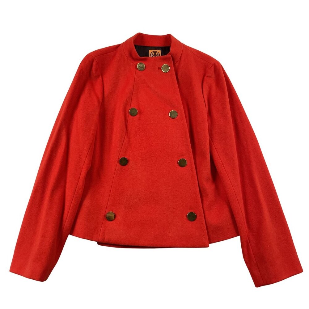 Tory Burch Coat Womens 12 Red w/ Gold Buttons 100% Wool Double Breasted